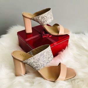 Anne Klein Blush Pink /Nude & Snake-Print Block Heel Sandals | Size 11